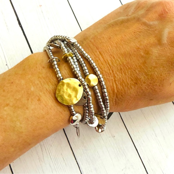 NEW NWT J. Jill Gold Disc Silver Bead Stretchy Necklace Bracelet $39 Retail - Picture 3 of 6